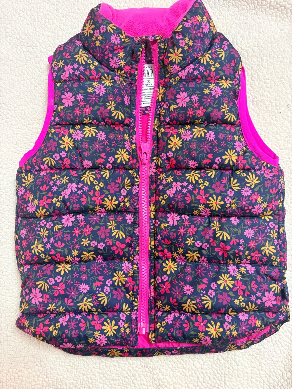 GAP Girls Navy Floral Puffer Vest with Pink Trim